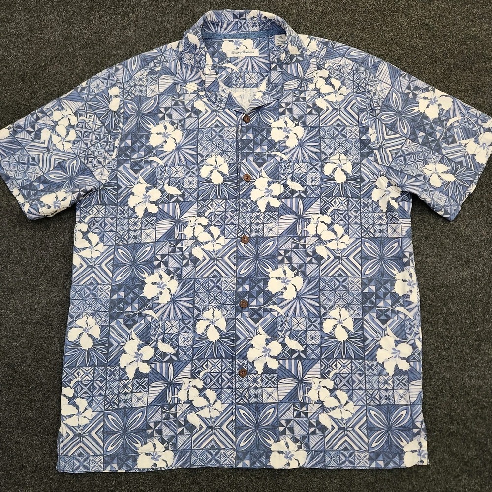 Tommy Bahama Mens Large Tahitian Tiles Monaco Blue Floral Camp Silk Blend Shirt